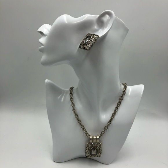 Vintage Bali Style Silver Tone Square Statement Necklace and Pierced Earring Set - Picture 14 of 16